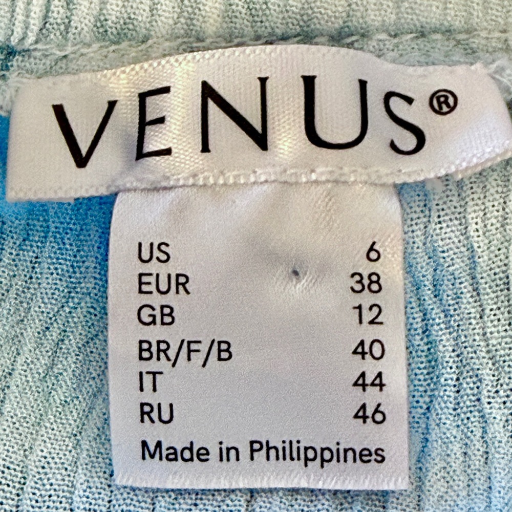 VENUS Sky Blue Tie Dye Bell Sleeve Belted Boho Mini Off Shoulder Rayon Size 6 - Picture 7 of 17